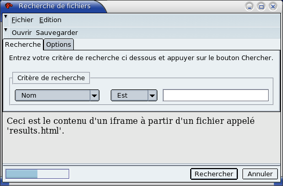 La bote de dialogue de recherche de fichier avec une barre de menu